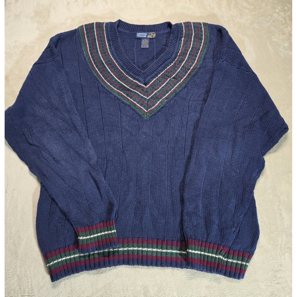 Vintage American Weekend V-Neck‎ Sweater XL Blue Striped Collar Ramie Cotton 90s